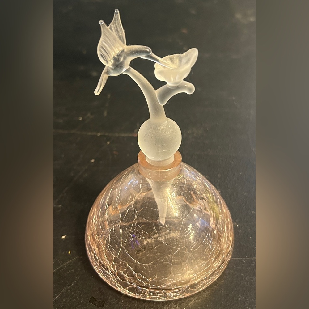 Pink Crackle Glass Hummingbird Flower Perfume Bottle frosted white Stopper